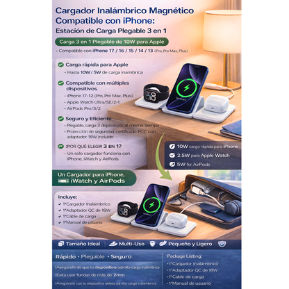 Magnetic Wireless Charger Compatible for Iphone: Fodable 3 in 1 Charging Station Compatible for 17 16 15 14 13 12 Pro Max plus & Airpod, Travel Essentials